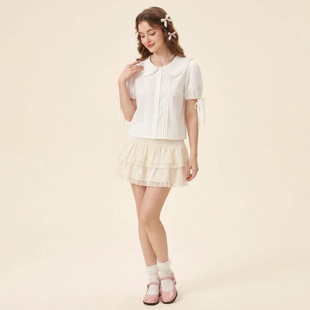 NWT Cider Peter Pan Collar Puff Sleeve Button Blouse Size S White Cotton Crop